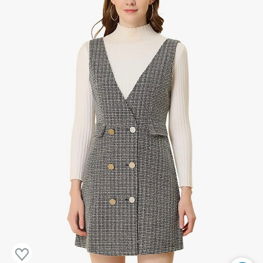 Women's Elegant Vintage Button Front V Neck Plaid Tweed Overalls Pinafore Dress